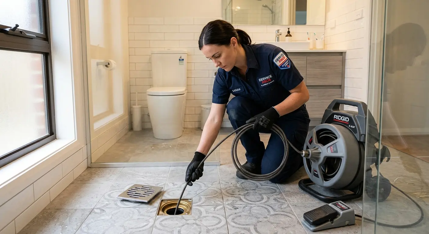 Technician clearing a bathroom floor drain for Drain Repair in Youngtown
